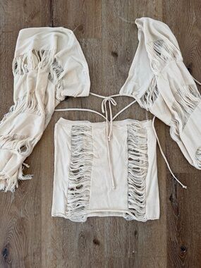 Boho Fringe Ivory Crop Top with Tie Back